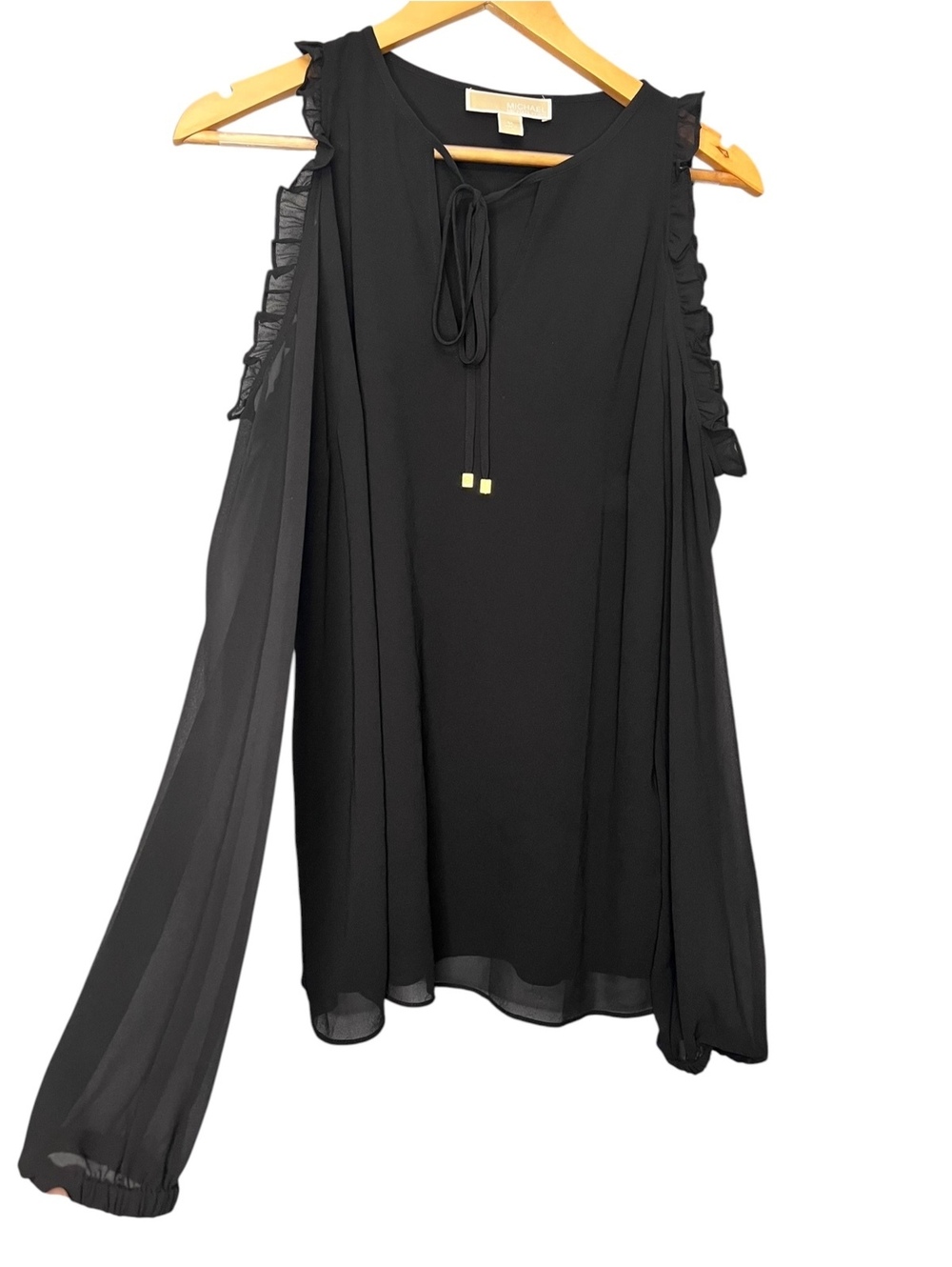 MICHAEL Michael Kors Black Cold Shoulder Blouse Ruffle Keyhole Tie Size M Boho